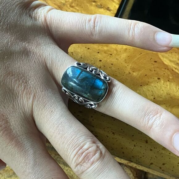 Natural Labradorite Sterling Silver Cocktail Ring Size 7 - Picture 4 of 10
